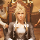 Cloud Strife sitting in a dress at the Honey Bee Inn